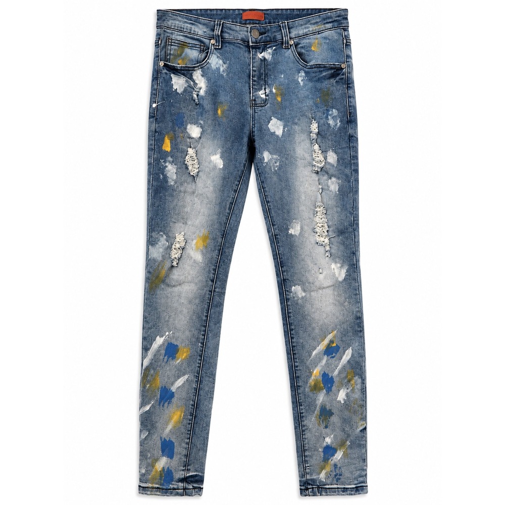 Bleecker & Mercer Mens 34x32 Skinny Fit Paint Splatter Distressed Blue Jeans